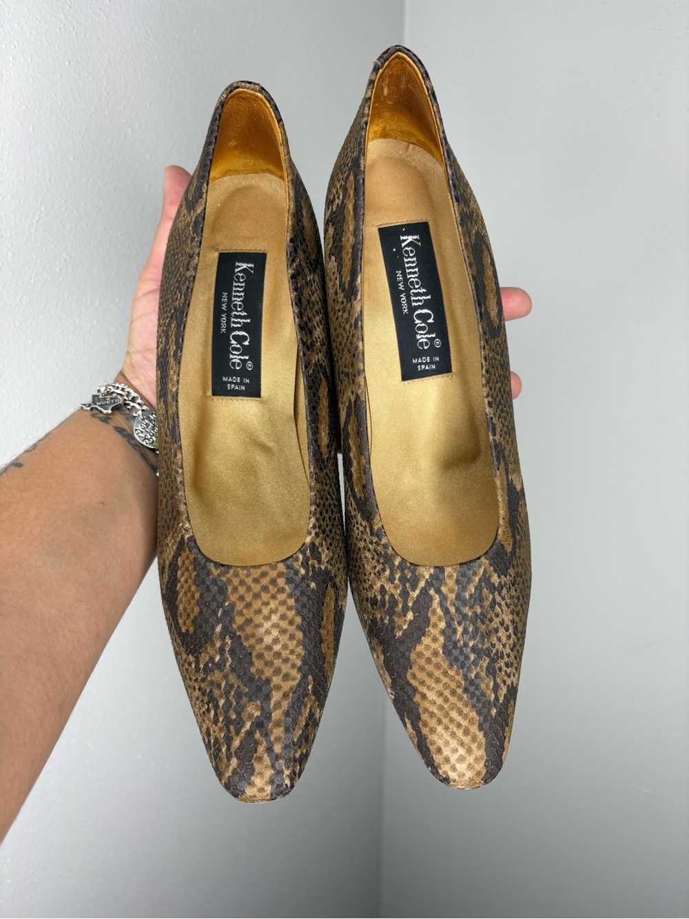 Kenneth Cole Snake-Print Pointed Toe Pumps in Brown and Dark Brown